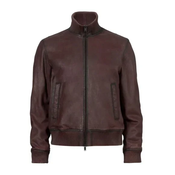 John Varvatos Star USA Men's Dani Goatskin Leather Zip Bomber Jacket Bordeaux - Picture 5 of 7